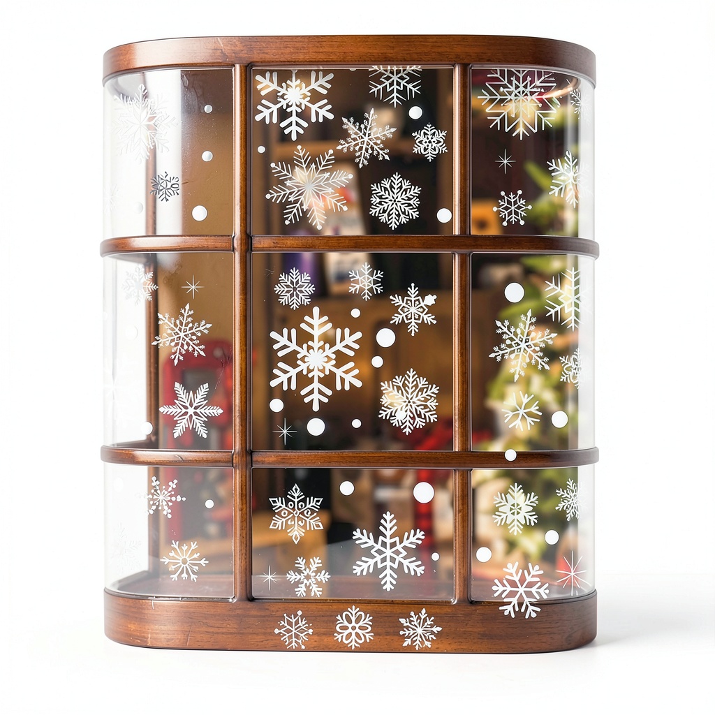 Installing AOWDIAO white snowflake window clings on a wooden desk