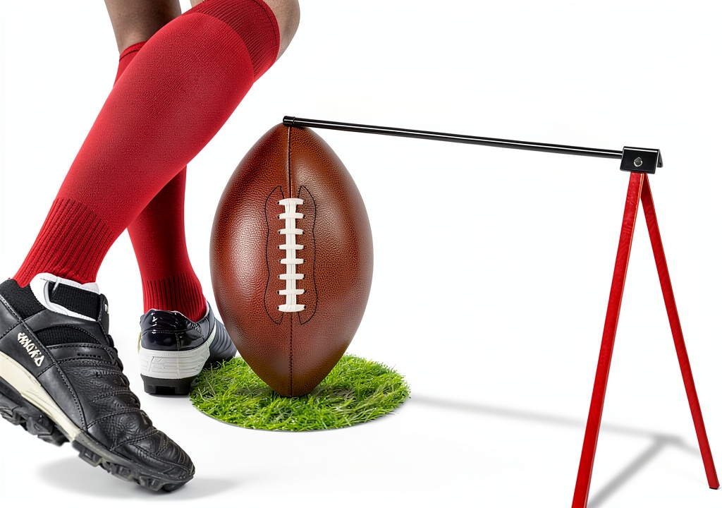 Football kicking stand set up on a grass field