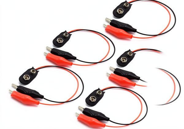 9v Battery Snap Connector to Dual Alligator Clips Cable Volt Battery Button Clips Connector, Buckle Ends Wire Leads Plastic Housing - 5PCS (5)-0